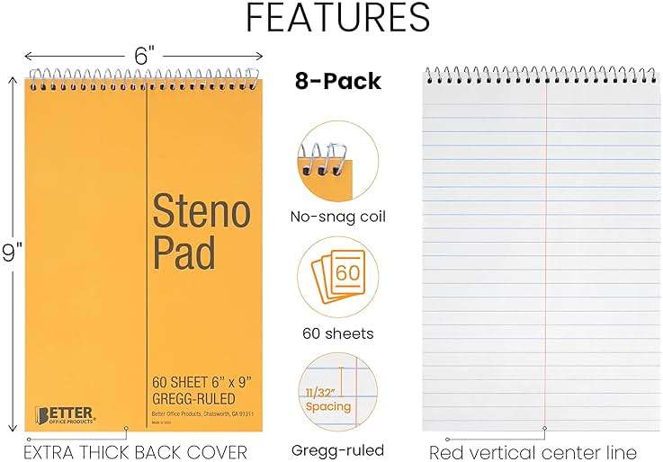 Better Office Products Spiral Steno Pads, 8 Pack, 6 x 9 inches, 60 Sheets, White Paper, Gregg Rule, Natural Board Cover, 8 Steno Notebooks - Image 3