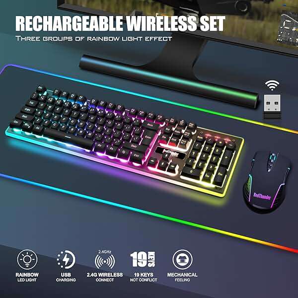 RedThunder K10 Wireless Gaming Keyboard and Mouse Combo, LED Backlit Rechargeable 3800mAh Battery, Mechanical Feel Anti-ghosting Keyboard + 7D 3200DPI Mice for PC Gamer (Black) - Image 2