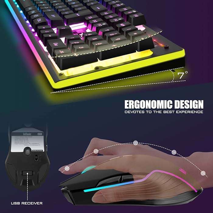 RedThunder K10 Wireless Gaming Keyboard and Mouse Combo, LED Backlit Rechargeable 3800mAh Battery, Mechanical Feel Anti-ghosting Keyboard + 7D 3200DPI Mice for PC Gamer (Black) - Image 5