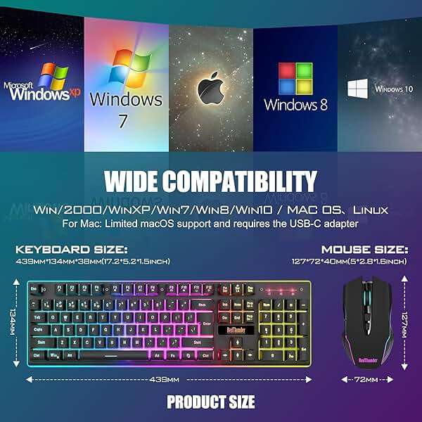 RedThunder K10 Wireless Gaming Keyboard and Mouse Combo, LED Backlit Rechargeable 3800mAh Battery, Mechanical Feel Anti-ghosting Keyboard + 7D 3200DPI Mice for PC Gamer (Black) - Image 7