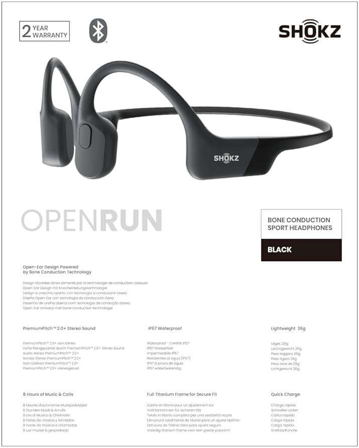 SHOKZ OpenRun Bone Conduction Open-Ear Bluetooth Sport Headphones, Running Workout，Sweat Headband, IP67 Sweat Resistant, 8H Playtime, Mic, Black - Image 10