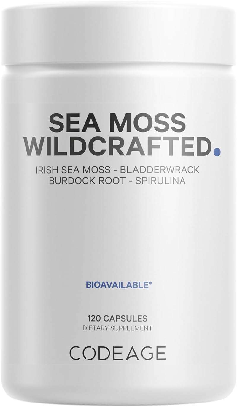 Codeage Raw Wildcrafted Irish Sea Moss Supplement, Spirulina Algae, Bladderwrack Seaweed, Burdock Root, Black Pepper, Vegan, Non-GMO, 120 Capsules - Image 1