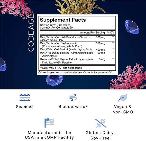 Codeage Raw Wildcrafted Irish Sea Moss Supplement, Spirulina Algae, Bladderwrack Seaweed, Burdock Root, Black Pepper, Vegan, Non-GMO, 120 Capsules - Image 2