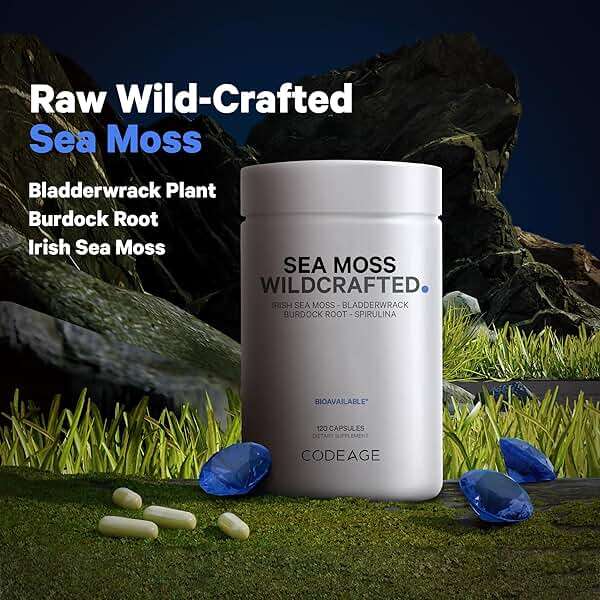 Codeage Raw Wildcrafted Irish Sea Moss Supplement, Spirulina Algae, Bladderwrack Seaweed, Burdock Root, Black Pepper, Vegan, Non-GMO, 120 Capsules - Image 3
