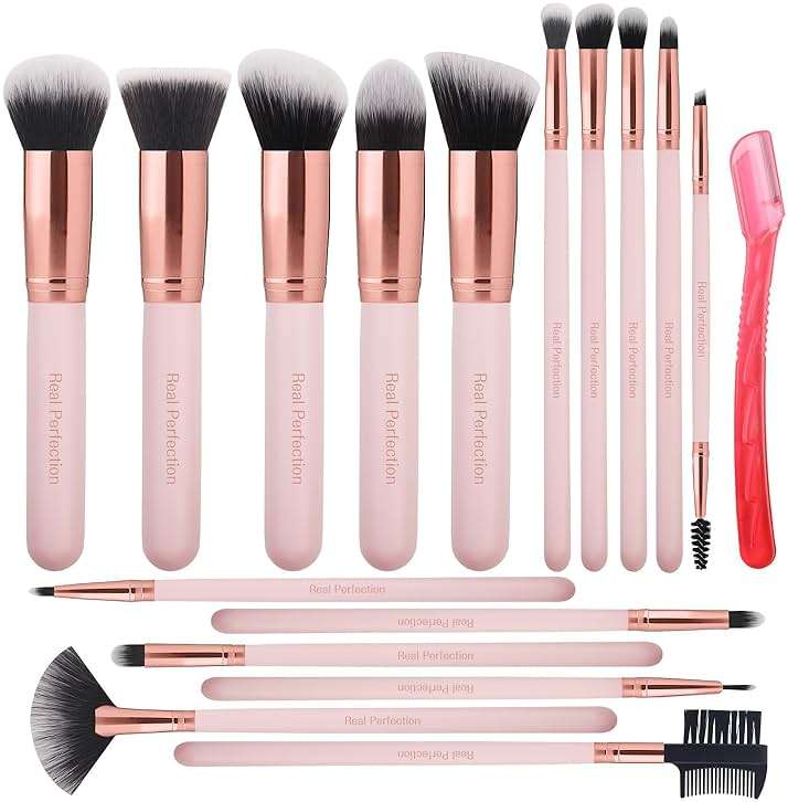 Real Perfection Makeup Brush Set 16 Pcs with 1 Eyebrow Razor Premium Synthetic Foundation Powder Concealers Eyeshadow Blush Makeup Brushes Make up Brushes Kit (Pink) - Image 1