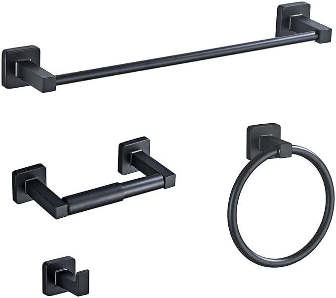 Matte Black Bathroom Hardware Set 4 Pieces,Towel Bar Set Stainless Steel Wall Mounted, Includes 16In Hand Towel Bar, Towel Ring, Robe Towel Hooks,Toilet Paper Holder, Bathroom Towel Rack Set - Image 1