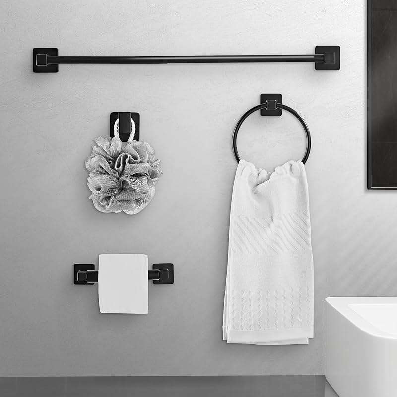 Matte Black Bathroom Hardware Set 4 Pieces,Towel Bar Set Stainless Steel Wall Mounted, Includes 16In Hand Towel Bar, Towel Ring, Robe Towel Hooks,Toilet Paper Holder, Bathroom Towel Rack Set - Image 2