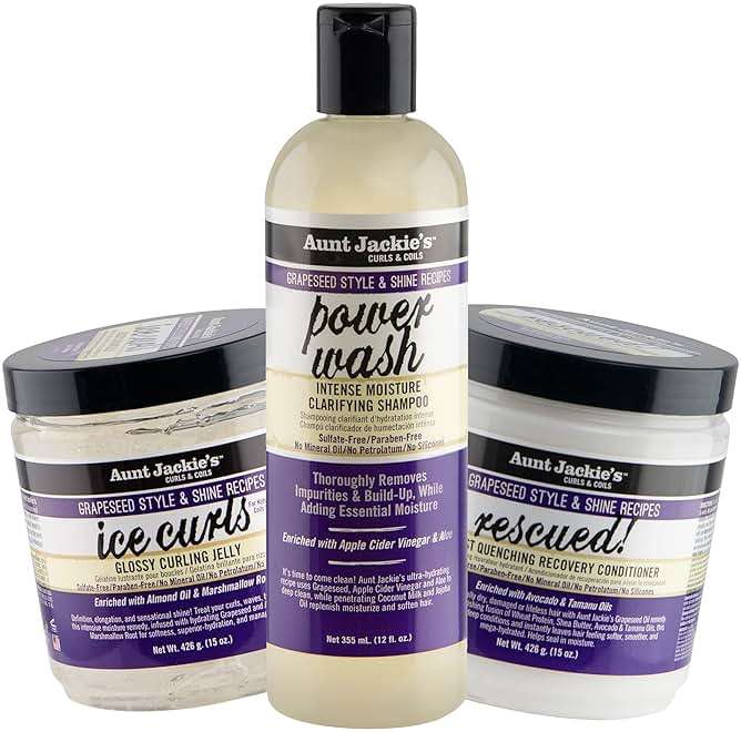 Aunt Jackie's Grapeseed Collection Perfect Intense Define, Power Wash, Rescued and Ice Curls, Combo Hydrates & Softens With Almond oil, Marshmallow Root, Purple, Pack of 3 - Image 1