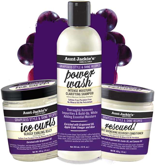Aunt Jackie's Grapeseed Collection Perfect Intense Define, Power Wash, Rescued and Ice Curls, Combo Hydrates & Softens With Almond oil, Marshmallow Root, Purple, Pack of 3 - Image 2