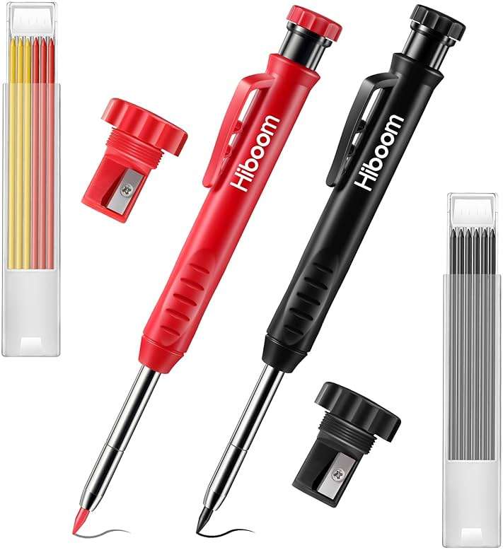 Hiboom 2 Pack Solid Carpenter Pencil with 14 Refill, Long Nosed Deep Hole Mechanical Pencil Marker with Built-in Sharpener for Carpenter Woodworking Architect with Design Patent (Black, Red) - Image 1