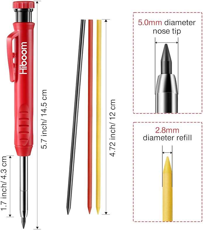 Hiboom 2 Pack Solid Carpenter Pencil with 14 Refill, Long Nosed Deep Hole Mechanical Pencil Marker with Built-in Sharpener for Carpenter Woodworking Architect with Design Patent (Black, Red) - Image 3