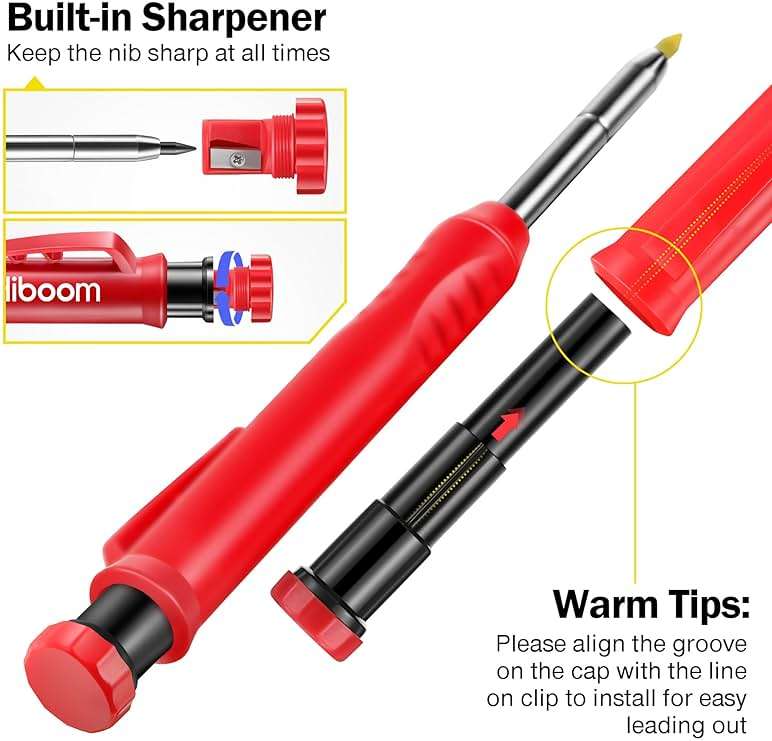 Hiboom 2 Pack Solid Carpenter Pencil with 14 Refill, Long Nosed Deep Hole Mechanical Pencil Marker with Built-in Sharpener for Carpenter Woodworking Architect with Design Patent (Black, Red) - Image 4