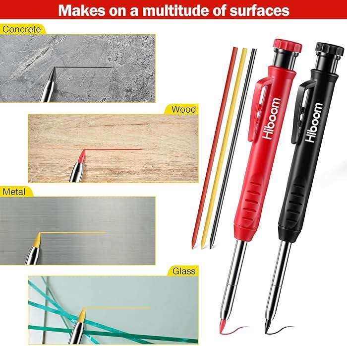 Hiboom 2 Pack Solid Carpenter Pencil with 14 Refill, Long Nosed Deep Hole Mechanical Pencil Marker with Built-in Sharpener for Carpenter Woodworking Architect with Design Patent (Black, Red) - Image 7