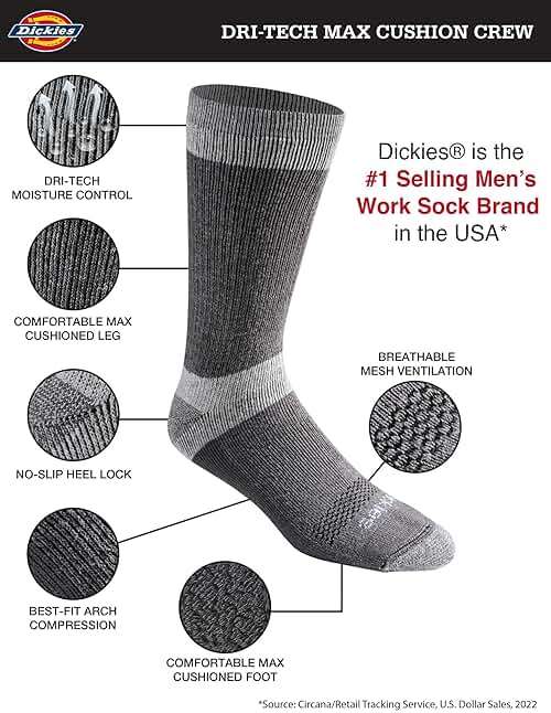 Dickies Men's Dri-tech Moisture Control Max Full Cushion Crew Socks, Available in M-xl (6, 12 Pairs) - Image 2