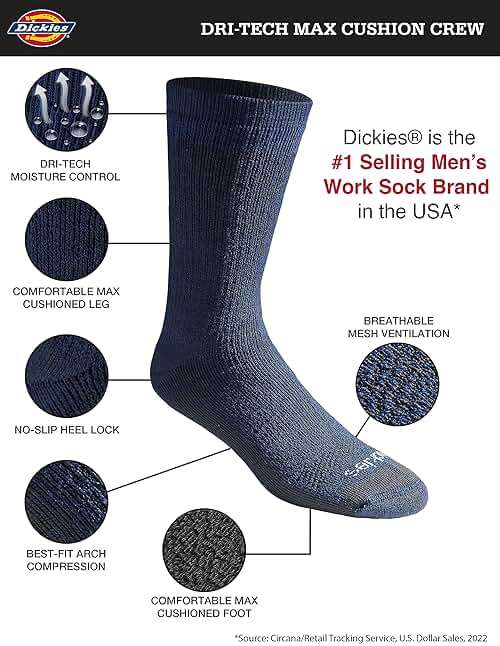 Dickies Men's Dri-tech Moisture Control Max Full Cushion Crew Socks, Available in M-xl (6, 12 Pairs) - Image 2