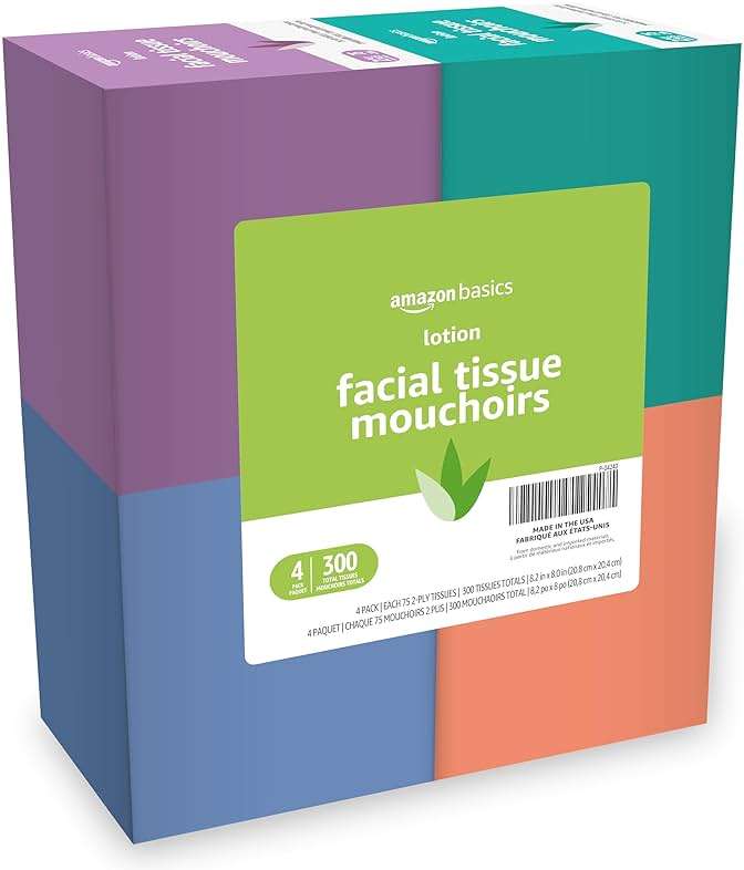 Amazon Basics Facial Tissues with Lotion, 2-Ply, 300 Count (4 Boxes, 75 Tissues per Box), Packaging May Vary - Image 1