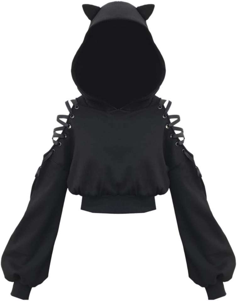 YANOOLH Women Cat Ear Hoodies Long Sleeve Off Shoulder Cute Crop Top Pullover Hoodie Sweatshirt - Image 1
