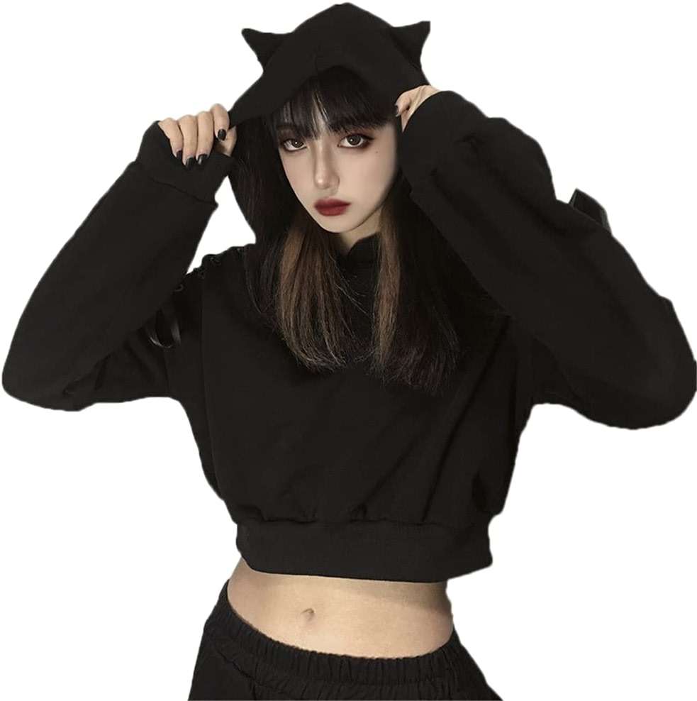 YANOOLH Women Cat Ear Hoodies Long Sleeve Off Shoulder Cute Crop Top Pullover Hoodie Sweatshirt - Image 3