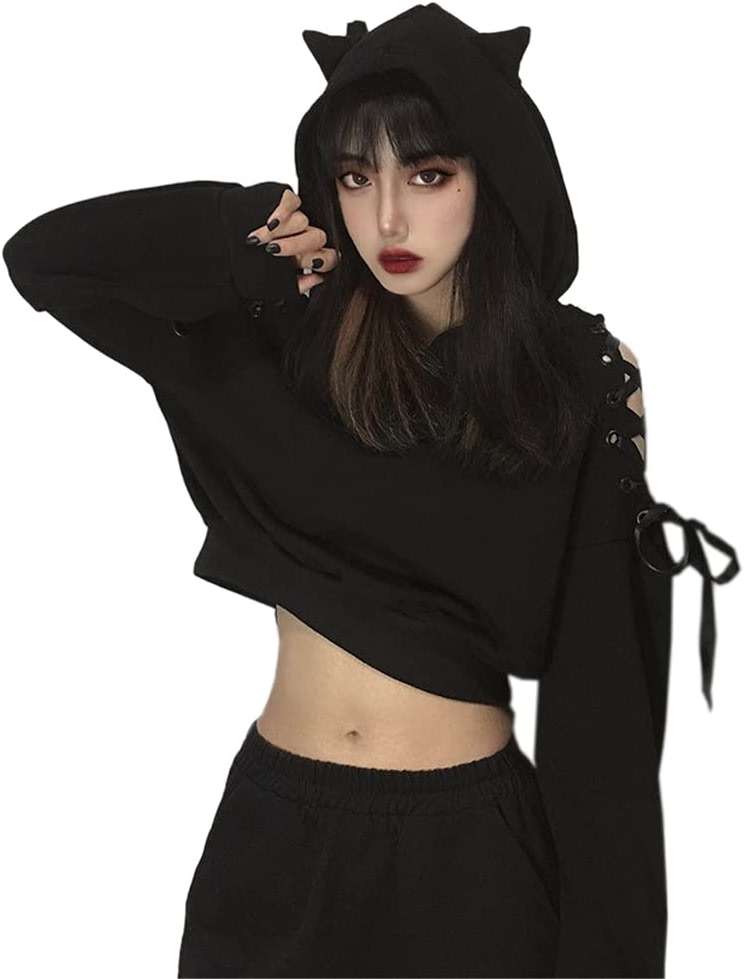 YANOOLH Women Cat Ear Hoodies Long Sleeve Off Shoulder Cute Crop Top Pullover Hoodie Sweatshirt - Image 4