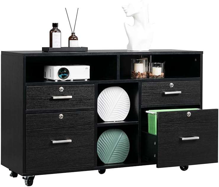 VINGLI Wood Mobile File Cabinet with 4 Drawers and Shelves, Printer Stand with Open Storage, Locking Lateral Filing Cabinet for Home Office, Black - Image 1