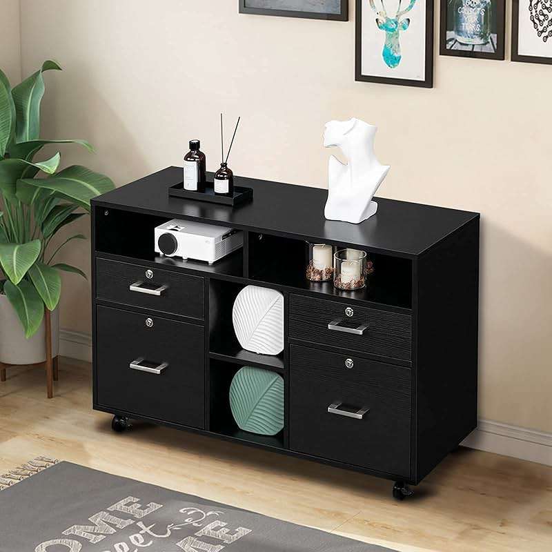 VINGLI Wood Mobile File Cabinet with 4 Drawers and Shelves, Printer Stand with Open Storage, Locking Lateral Filing Cabinet for Home Office, Black - Image 2