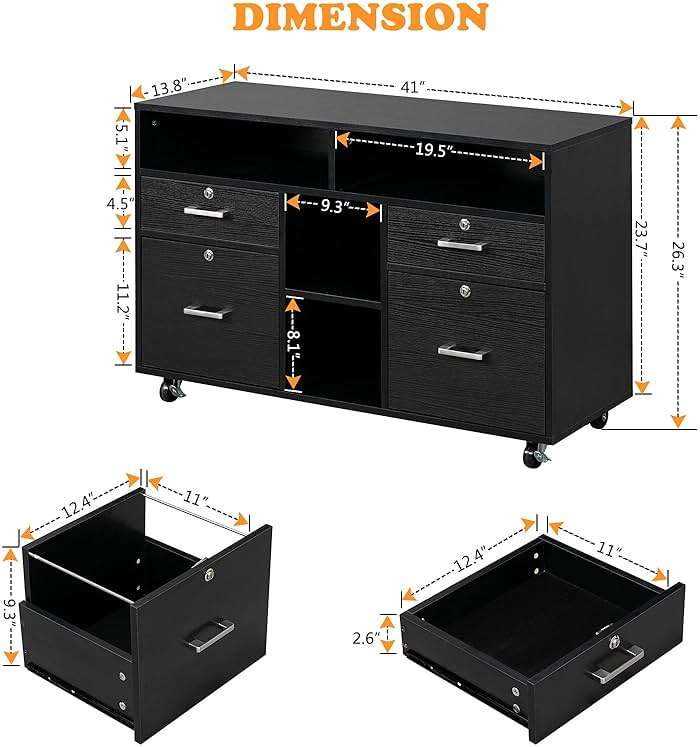 VINGLI Wood Mobile File Cabinet with 4 Drawers and Shelves, Printer Stand with Open Storage, Locking Lateral Filing Cabinet for Home Office, Black - Image 3