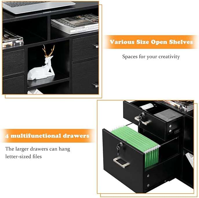 VINGLI Wood Mobile File Cabinet with 4 Drawers and Shelves, Printer Stand with Open Storage, Locking Lateral Filing Cabinet for Home Office, Black - Image 4