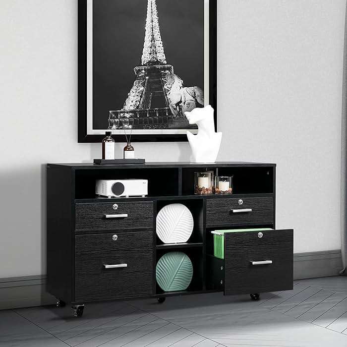 VINGLI Wood Mobile File Cabinet with 4 Drawers and Shelves, Printer Stand with Open Storage, Locking Lateral Filing Cabinet for Home Office, Black - Image 5