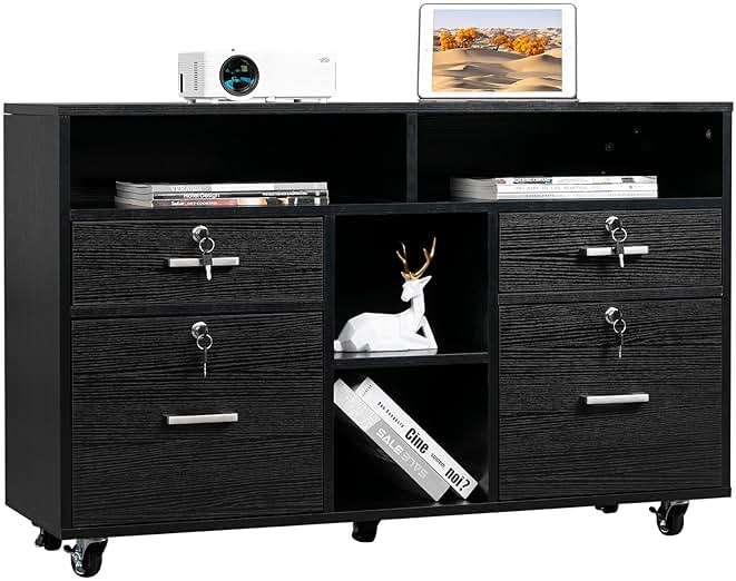 VINGLI Wood Mobile File Cabinet with 4 Drawers and Shelves, Printer Stand with Open Storage, Locking Lateral Filing Cabinet for Home Office, Black - Image 6