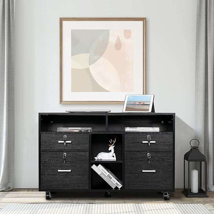 VINGLI Wood Mobile File Cabinet with 4 Drawers and Shelves, Printer Stand with Open Storage, Locking Lateral Filing Cabinet for Home Office, Black - Image 8