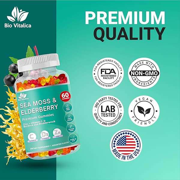 BIO VITALICA Irish Sea Moss Gummies with Elderberry – USA Made Vegan Gummies with Vitamin C, D & Zinc – Immune Support Supplement with Bladderwrack & Burdock Root for Adults & Kids – 60 Count - Image 5