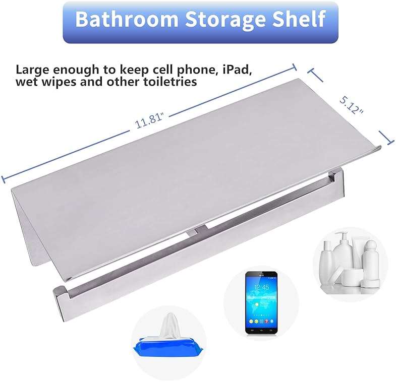 Double Toilet Paper Holder with Shelf,Idealmax Toilet Paper Holder Brushed Nickel,Large Commercial Toilet Paper Dispenser Phone Shelf, Wall Mounted Tissue Roll for Bathroom, Stainless Steel - Image 2
