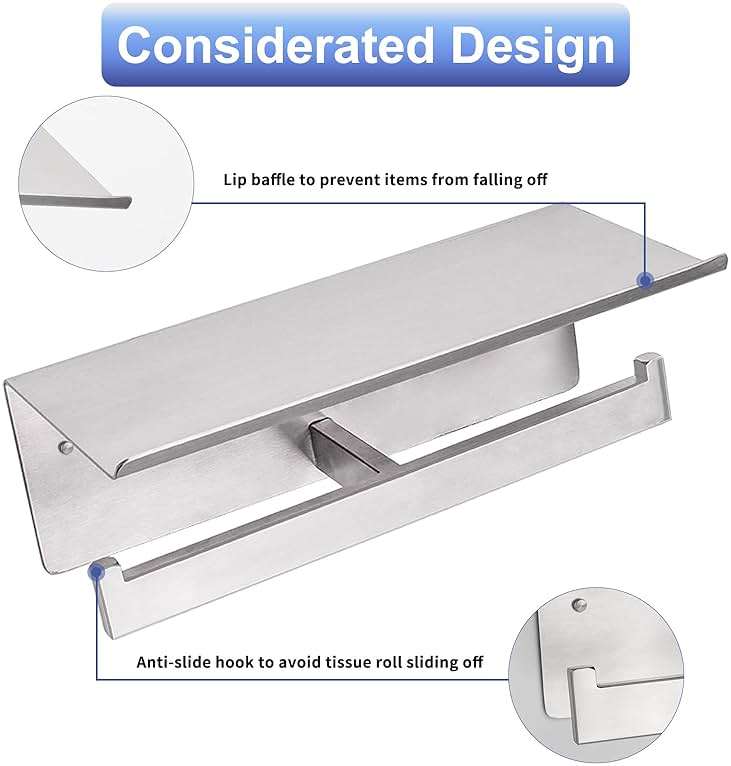 Double Toilet Paper Holder with Shelf,Idealmax Toilet Paper Holder Brushed Nickel,Large Commercial Toilet Paper Dispenser Phone Shelf, Wall Mounted Tissue Roll for Bathroom, Stainless Steel - Image 3