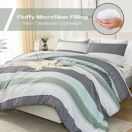 Litanika Queen Comforter Set Sage Green - 3 Pieces Lightweight Quilt Bedding Comforter Sets, Light Green White Colorblock Stripe Fluffy Bed Set, All Season Down Alternative - Image 2