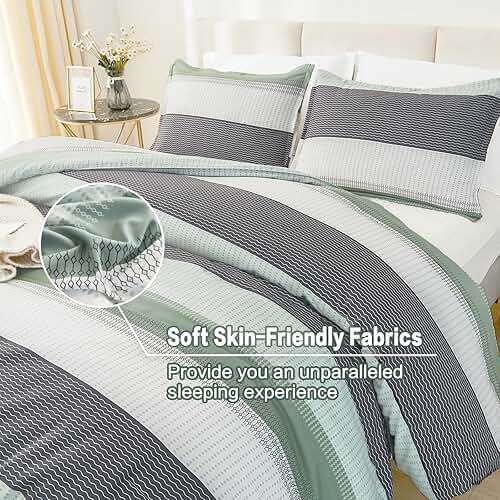 Litanika Queen Comforter Set Sage Green - 3 Pieces Lightweight Quilt Bedding Comforter Sets, Light Green White Colorblock Stripe Fluffy Bed Set, All Season Down Alternative - Image 6