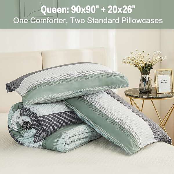Litanika Queen Comforter Set Sage Green - 3 Pieces Lightweight Quilt Bedding Comforter Sets, Light Green White Colorblock Stripe Fluffy Bed Set, All Season Down Alternative - Image 8