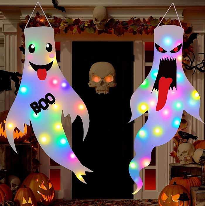 Halloween Decorations Outdoor Indoor, 2 Pack Light Up Ghost Decorations with LED Lights, Hanging Ghost Halloween Decor for Yard Porch Garden Lawn Party (1A-2Pack) - Image 1