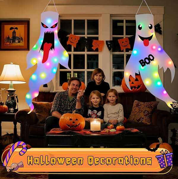 Halloween Decorations Outdoor Indoor, 2 Pack Light Up Ghost Decorations with LED Lights, Hanging Ghost Halloween Decor for Yard Porch Garden Lawn Party (1A-2Pack) - Image 2
