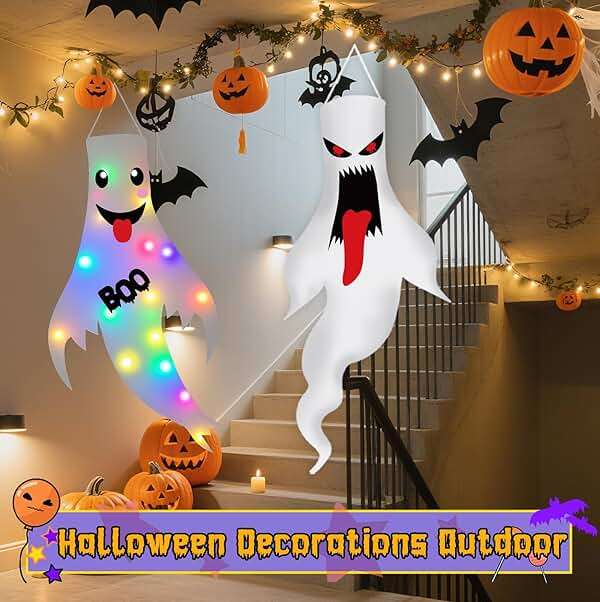 Halloween Decorations Outdoor Indoor, 2 Pack Light Up Ghost Decorations with LED Lights, Hanging Ghost Halloween Decor for Yard Porch Garden Lawn Party (1A-2Pack) - Image 3