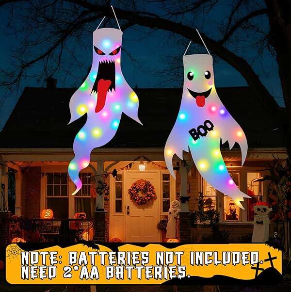 Halloween Decorations Outdoor Indoor, 2 Pack Light Up Ghost Decorations with LED Lights, Hanging Ghost Halloween Decor for Yard Porch Garden Lawn Party (1A-2Pack) - Image 6
