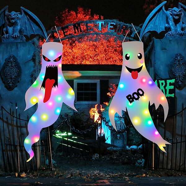 Halloween Decorations Outdoor Indoor, 2 Pack Light Up Ghost Decorations with LED Lights, Hanging Ghost Halloween Decor for Yard Porch Garden Lawn Party (1A-2Pack) - Image 7