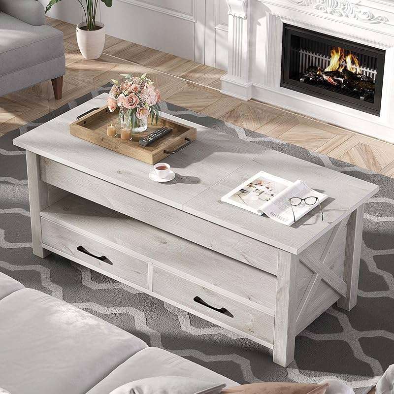 Seventable Coffee Table, 47.2" Lift Top Coffee Table with 2 Storage Drawers and Hidden Compartment, Retro Center Table with Wooden Lift Tabletop for Living Room, Gray - Image 2