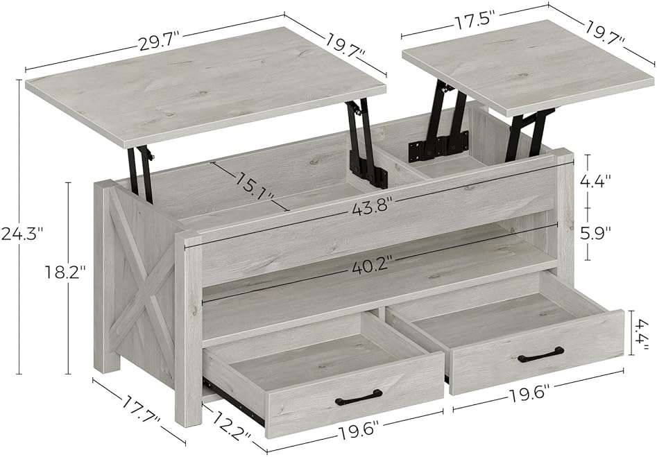 Seventable Coffee Table, 47.2" Lift Top Coffee Table with 2 Storage Drawers and Hidden Compartment, Retro Center Table with Wooden Lift Tabletop for Living Room, Gray - Image 3