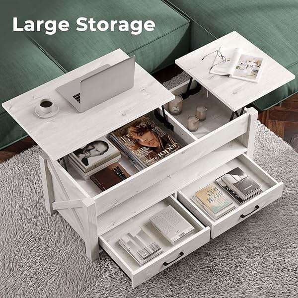 Seventable Coffee Table, 47.2" Lift Top Coffee Table with 2 Storage Drawers and Hidden Compartment, Retro Center Table with Wooden Lift Tabletop for Living Room, Gray - Image 4