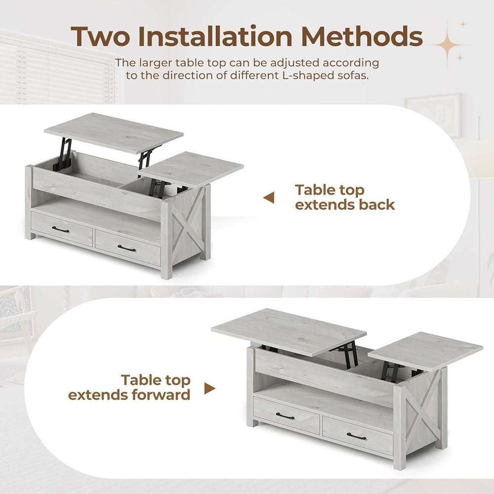 Seventable Coffee Table, 47.2" Lift Top Coffee Table with 2 Storage Drawers and Hidden Compartment, Retro Center Table with Wooden Lift Tabletop for Living Room, Gray - Image 5