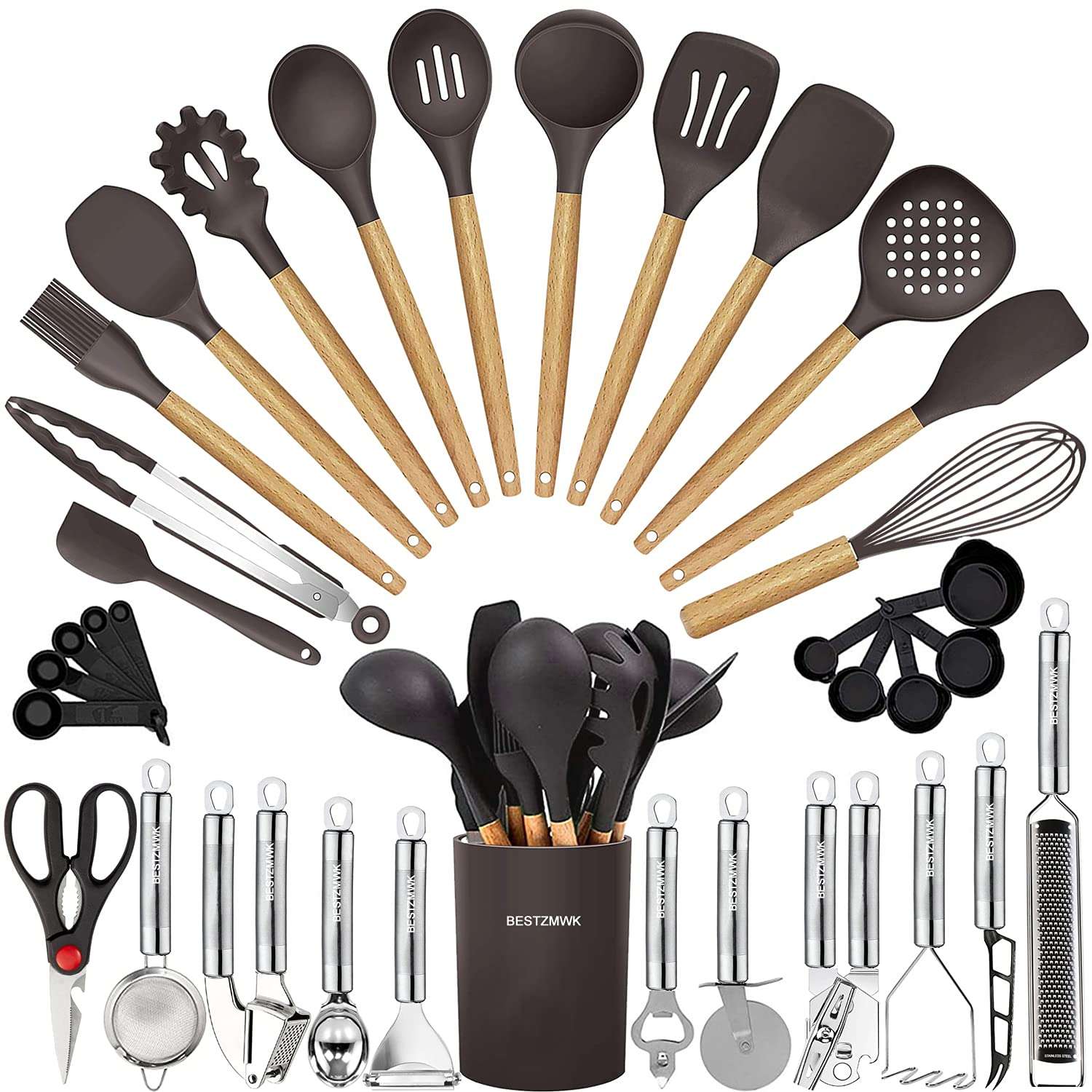 Cooking Utensils Set- 35 PCs Kitchen Utensils with Grater,Tongs, Spoon Spatula &Turner Made of Heat Resistant Food Grade Silicone and Wooden Handles Kitchen Gadgets Tools Set for Cookware - Image 1