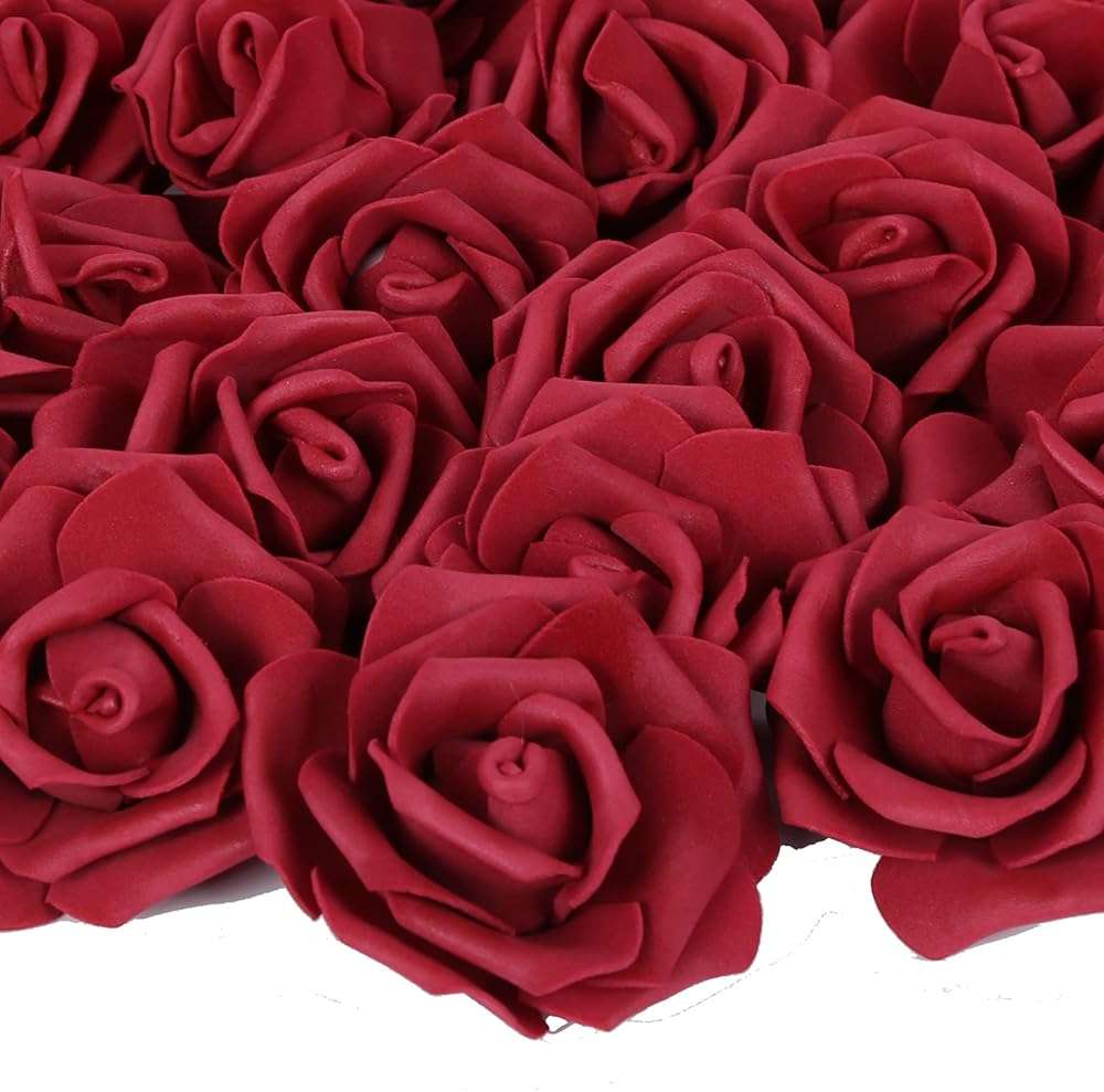 Artificial Rose Flowers,100 pcs Foam Rose Bulk Burgundy Fake Flower Heads for DIY Wedding Bouquets Rose Wall Kissing Balls Bridal Shower Centerpieces Arrangements Party Tables Decorations(Burgundy) - Image 1