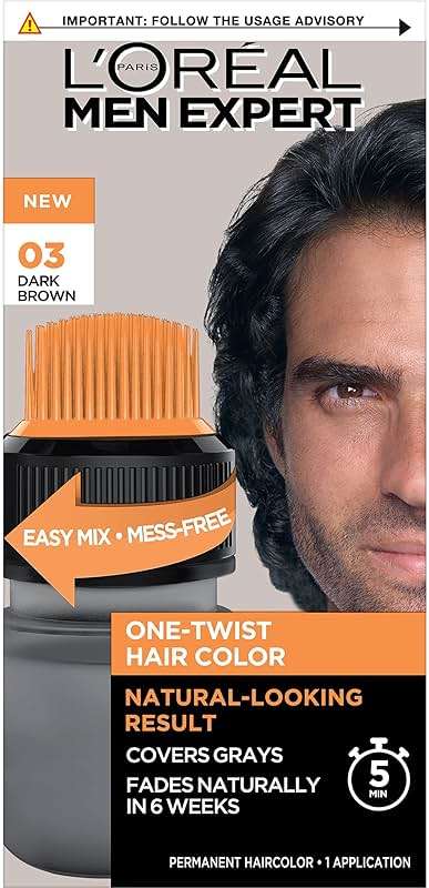 L’Oreal Paris Men Expert One Twist Mess Free Permanent Hair Color, Mens Hair Dye to Cover Grays, Easy Mix Ammonia Free Application, Dark Brown 03, 1 Application Kit - Image 1