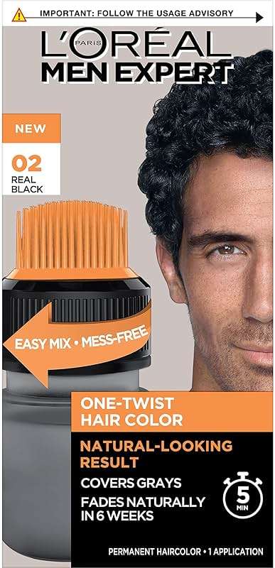 L’Oreal Paris Men Expert One Twist Mess Free Permanent Hair Color, Mens Hair Dye to Cover Grays, Easy Mix Ammonia Free Application, Real Black 02, 1 Application Kit - Image 1