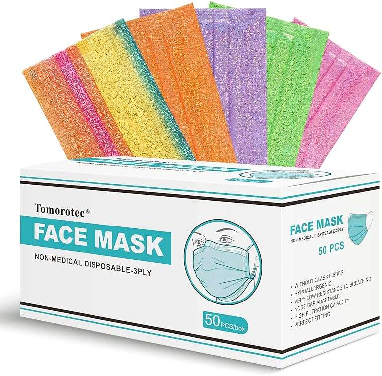 NiHealth 50PCS Stylish Disposable Face Masks for Adults - Breathable 3-Layer Non-Woven Fabric Coverings with Glamorous Glitter Sparkle Design (5 Iridescent Colors) - Image 2